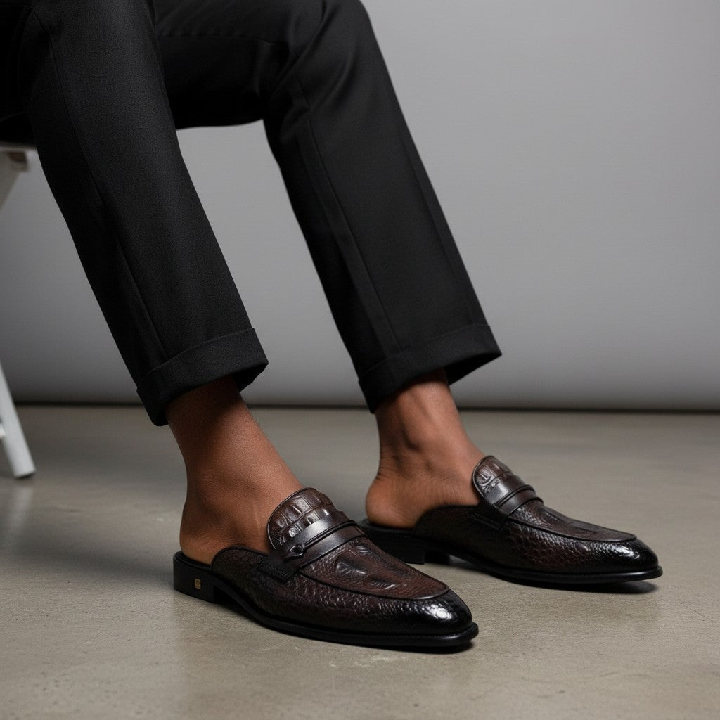Dark Brown Croc-Embossed Penny Mule