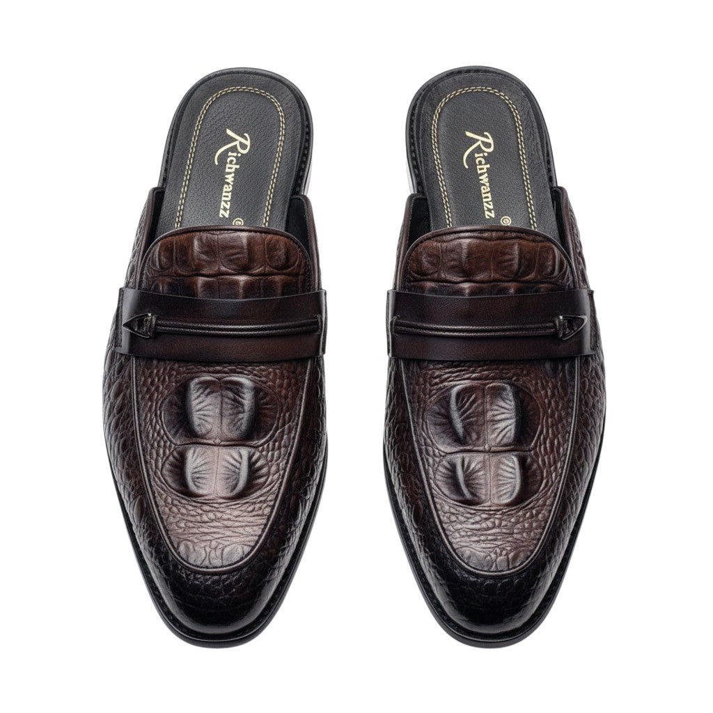 Dark Brown Croc-Embossed Penny Mule
