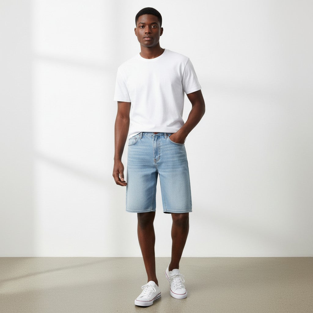 Men's Ice Blue Pale Wash Denim Shorts – Frayed Raw Hem