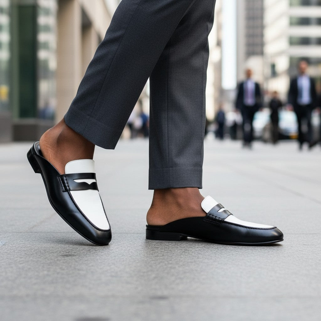 Two-Tone Black & White Leather Penny Mule