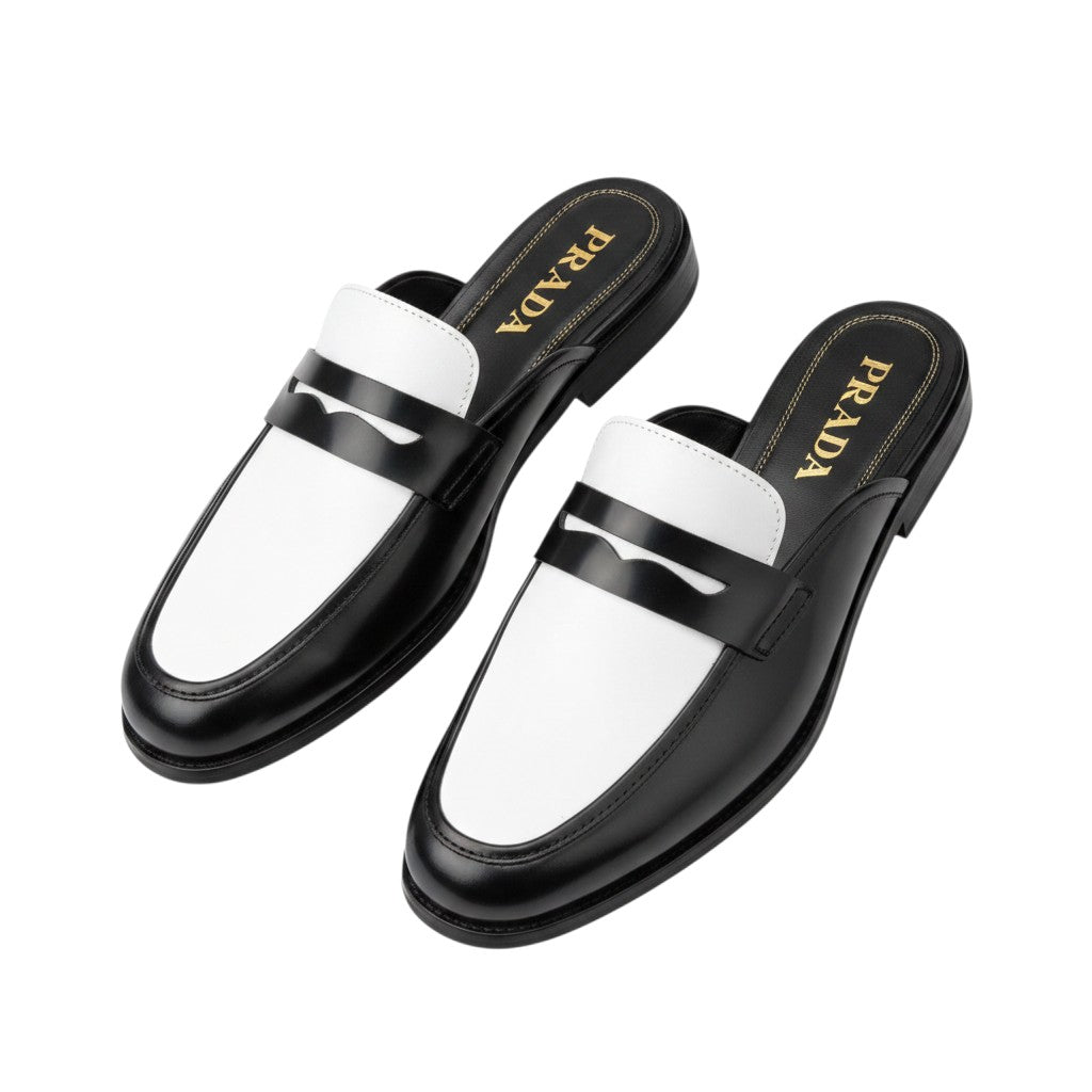Two-Tone Black & White Leather Penny Mule