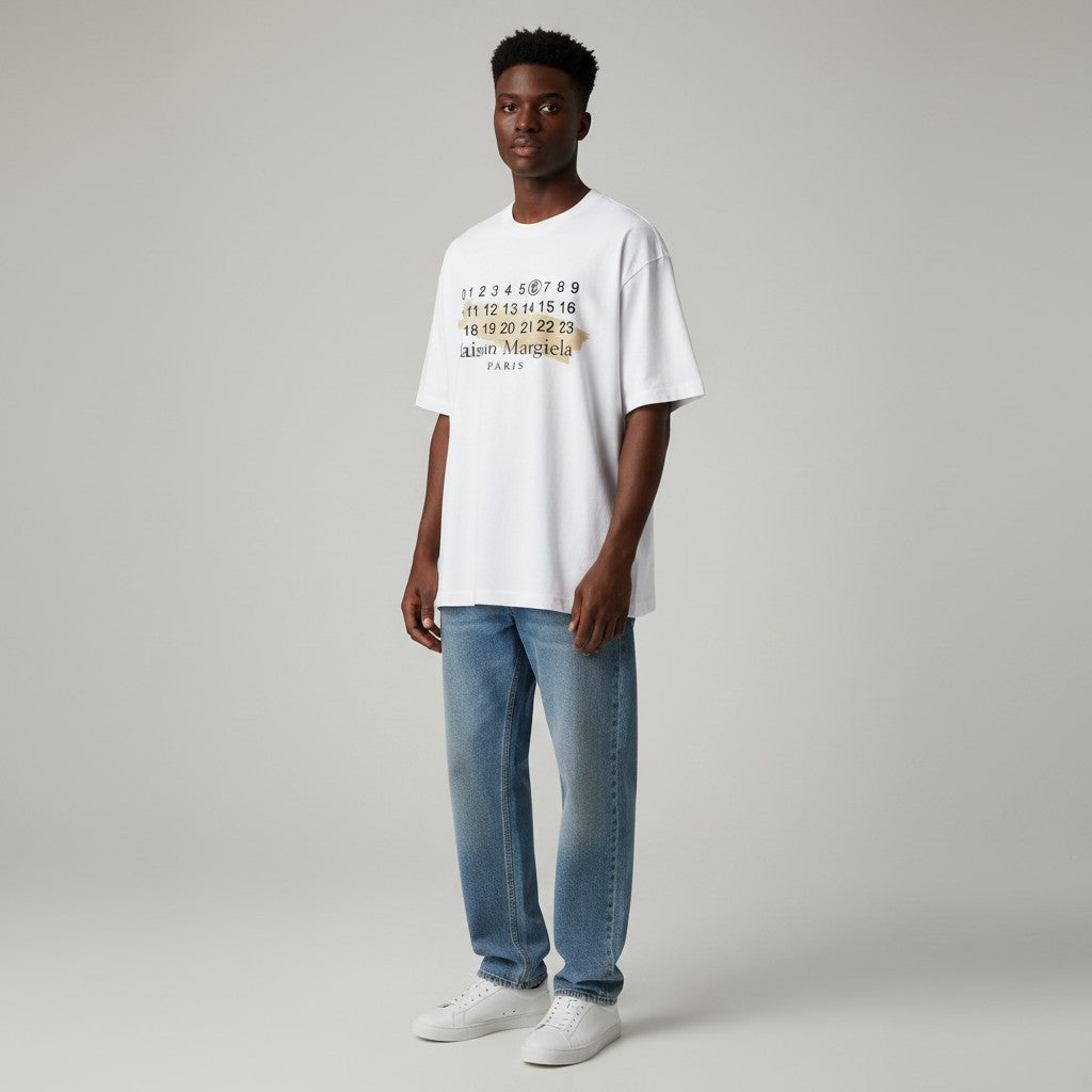 Men's White Number Sequence Graphic Oversized Tee