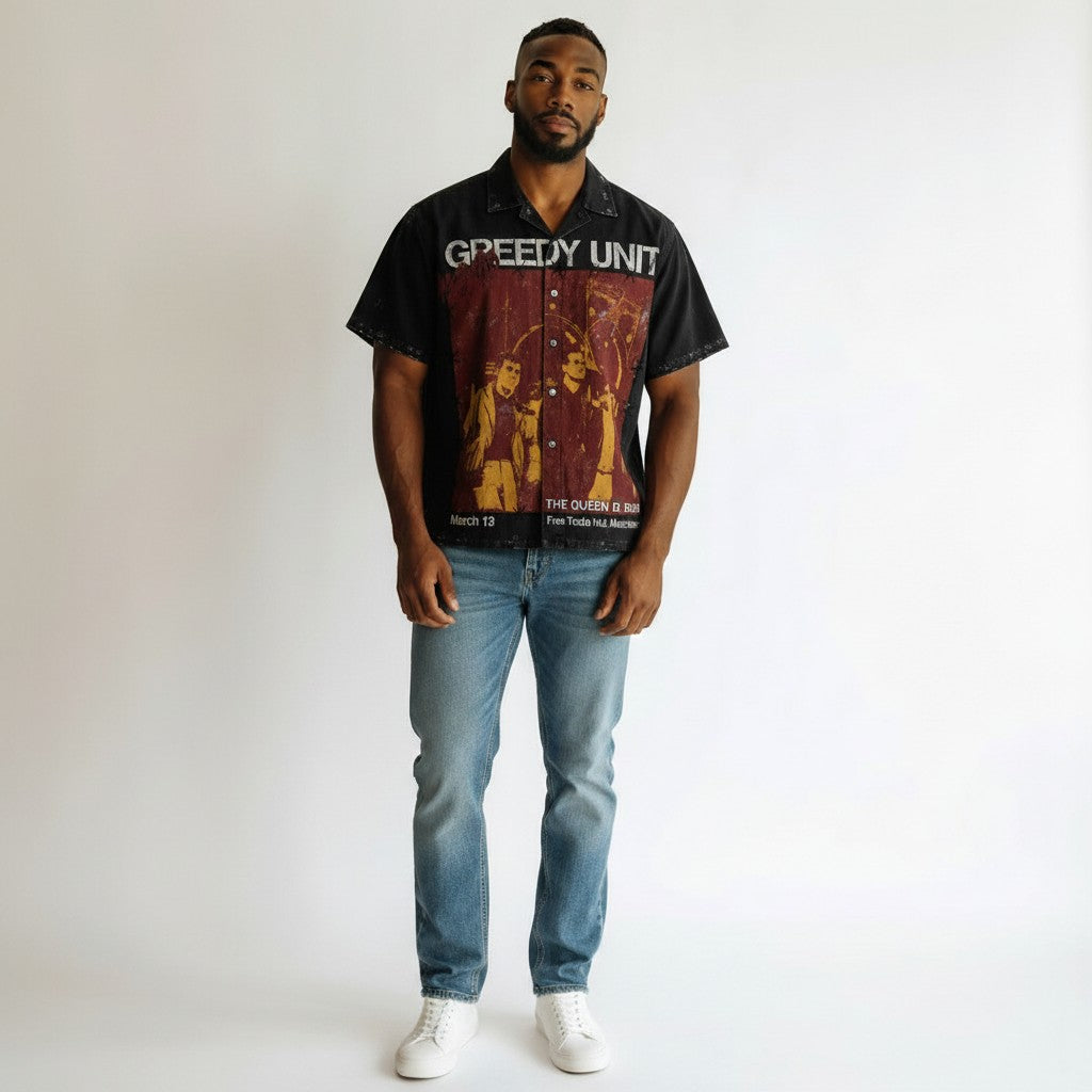 Men's Black Vintage Poster Print Cuban Collar Shirt