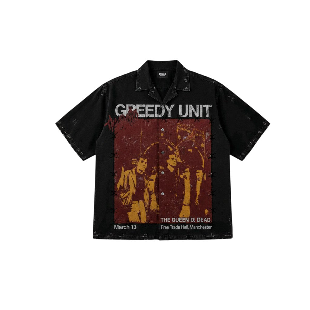 Men's Black Vintage Poster Print Cuban Collar Shirt