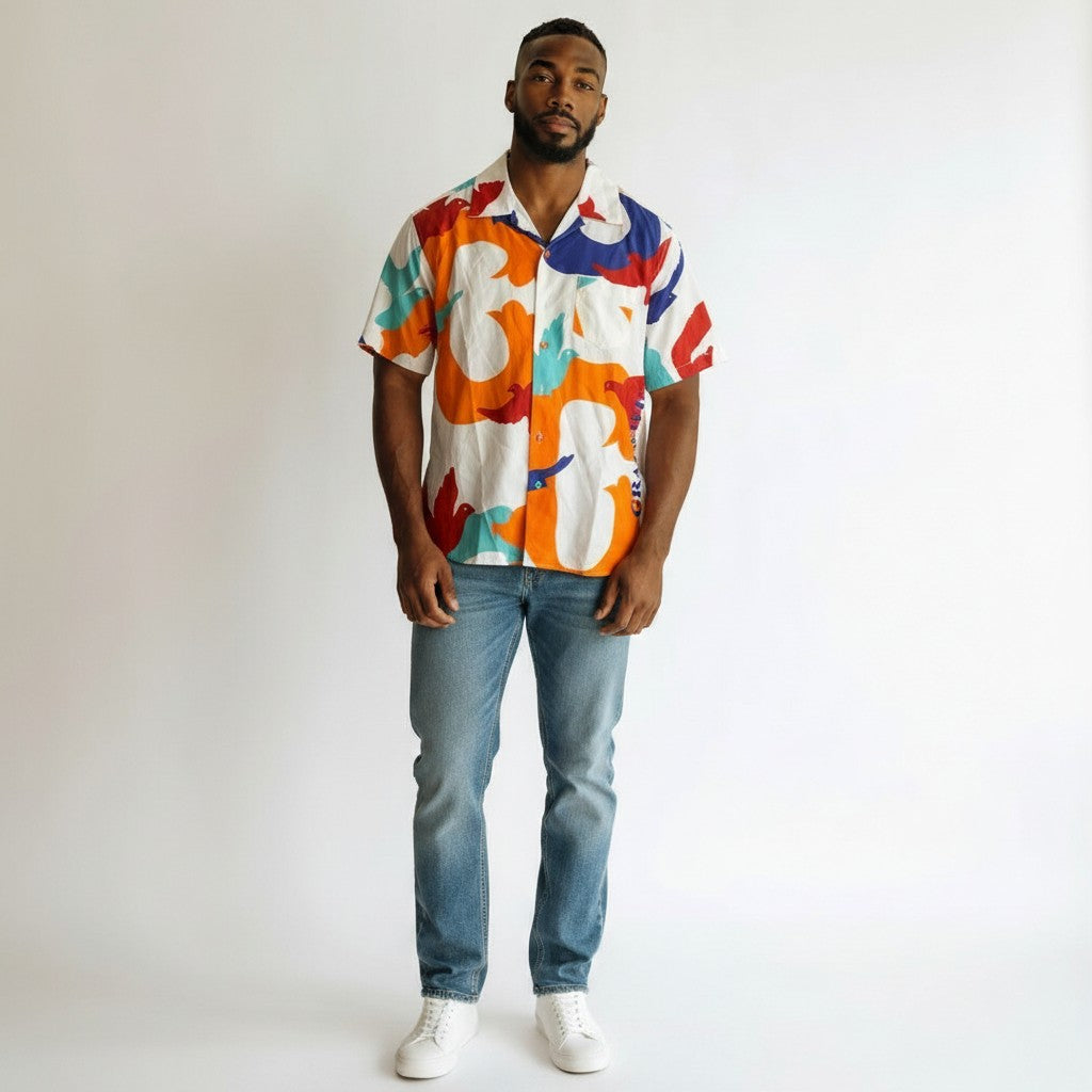 Multicolour Bird Graphic Cuban Collar Shirt