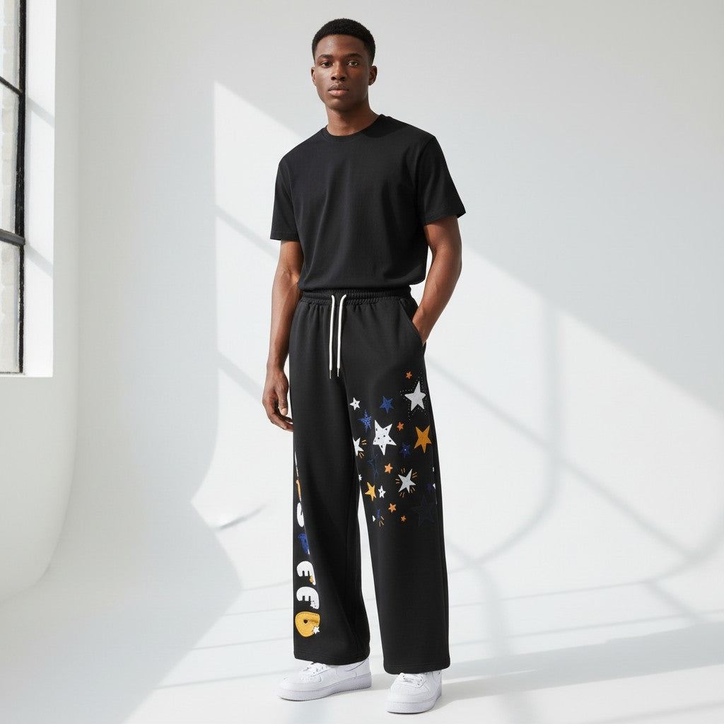 Black Star Print Graphic Wide-Leg Jogger Pants