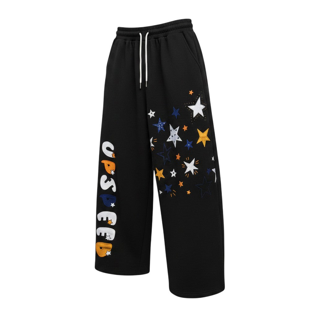 Black Star Print Graphic Wide-Leg Jogger Pants