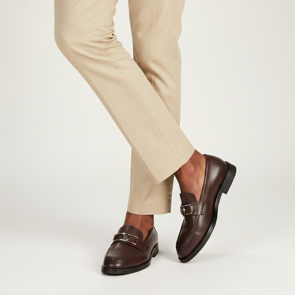 Men's Dark Brown Smooth Leather Penny Loafers with Silver Metal Badge Hardware