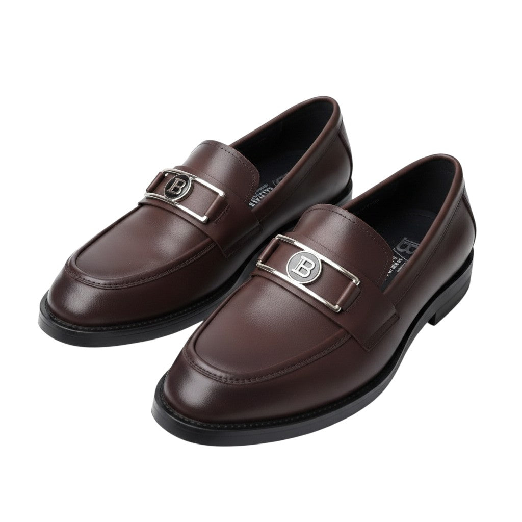 Men's Dark Brown Smooth Leather Penny Loafers with Silver Metal Badge Hardware