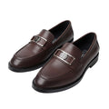 Men's Dark Brown Smooth Leather Penny Loafers with Silver Metal Badge Hardware
