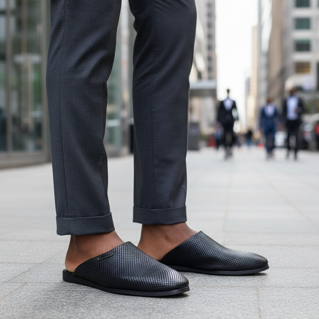 Men's Black Woven Leather Mule