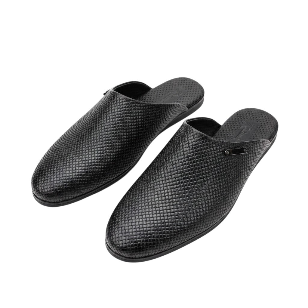 Men's Black Woven Leather Mule