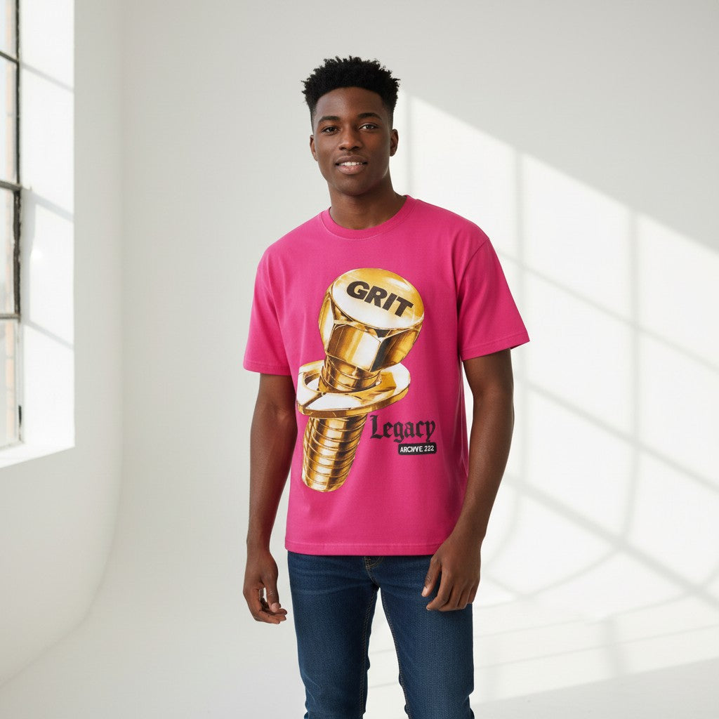 Men's Fuchsia 3D Gold Bolt Graphic Oversized Tee