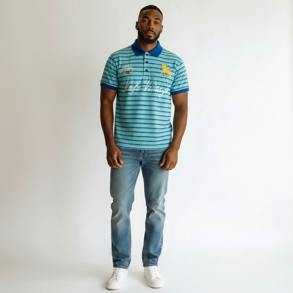 Men's Sky Blue Striped Vintage Script Polo Shirt