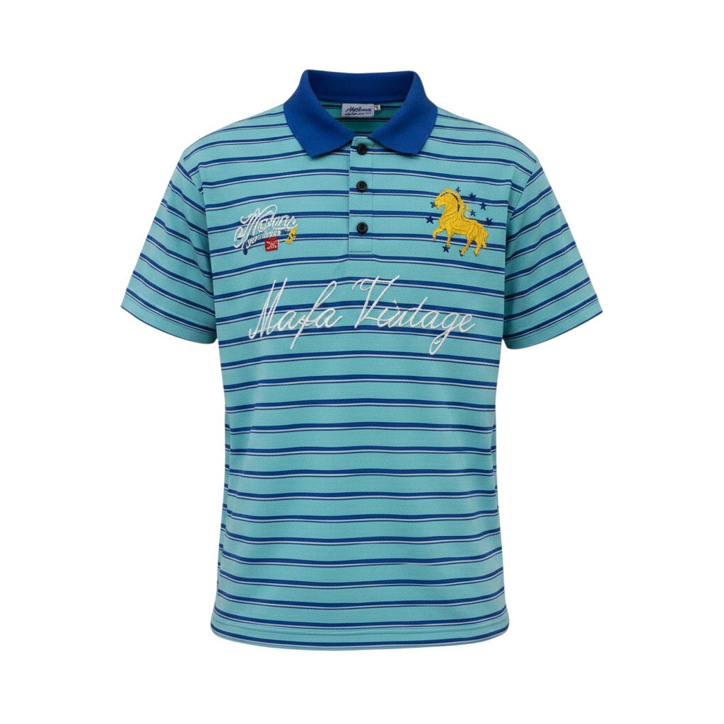 Men's Sky Blue Striped Vintage Script Polo Shirt