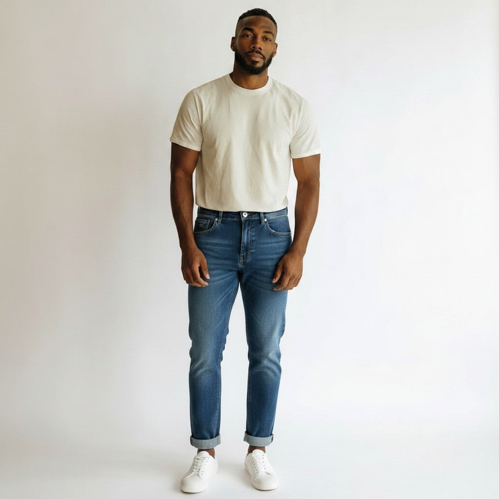 Mid-Blue Washed Denim Jeans