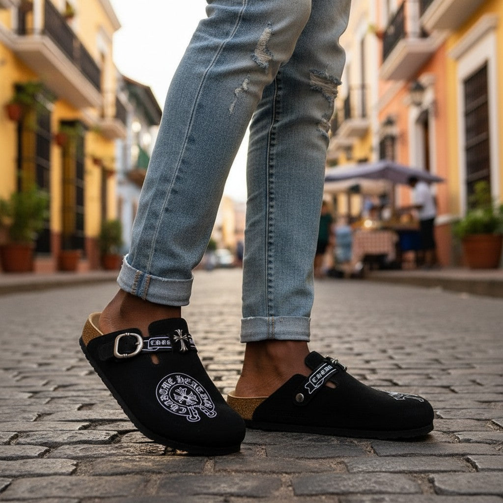 Black Gothic Cross Suede Clog Mules