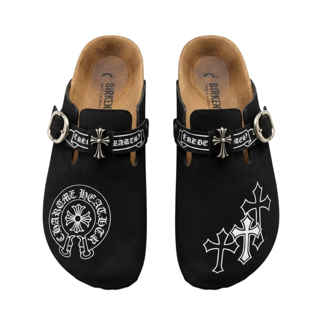 Black Gothic Cross Suede Clog Mules