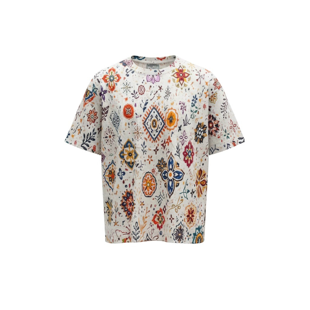Men's White Floral Medallion Print Oversized Round Neck Tee