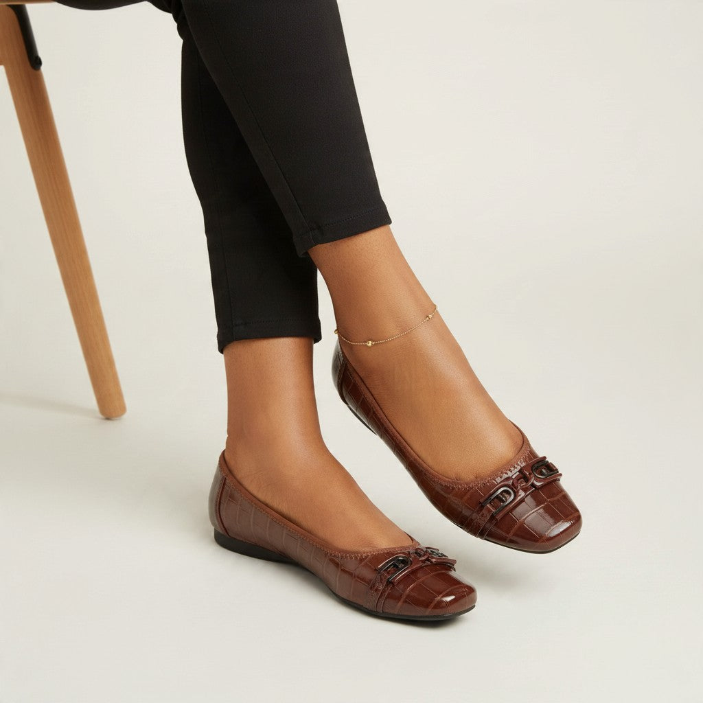 Glossy Brown Croc-Effect Square-Toe Flats