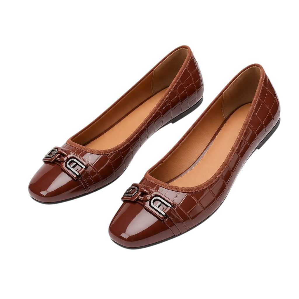 Glossy Brown Croc-Effect Square-Toe Flats