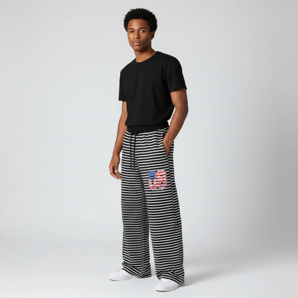 Black & White Striped Wide-Leg Jogger Pants