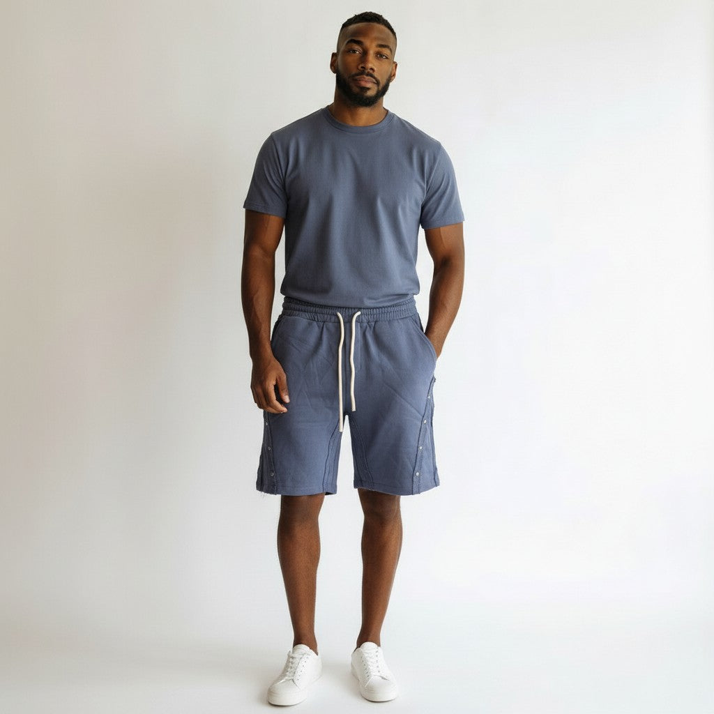 Slate Blue Snap-Seam Drawstring Cotton Shorts