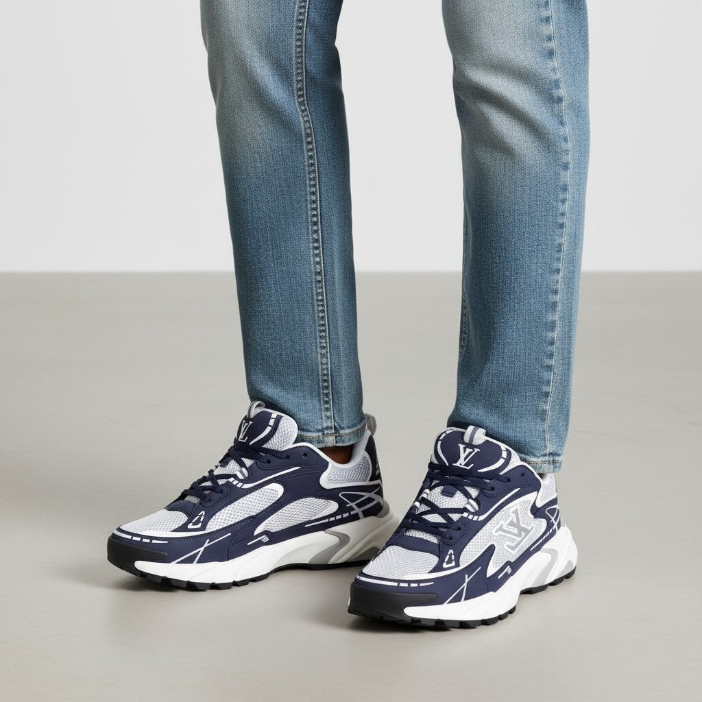 Men's Navy Blue & White Mesh Graphic Chunky Runner Sneakers