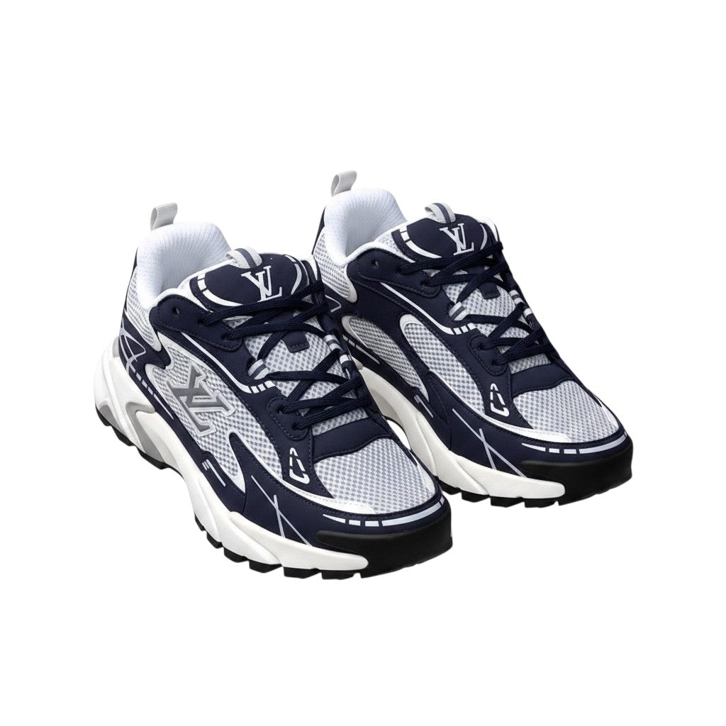 Men's Navy Blue & White Mesh Graphic Chunky Runner Sneakers