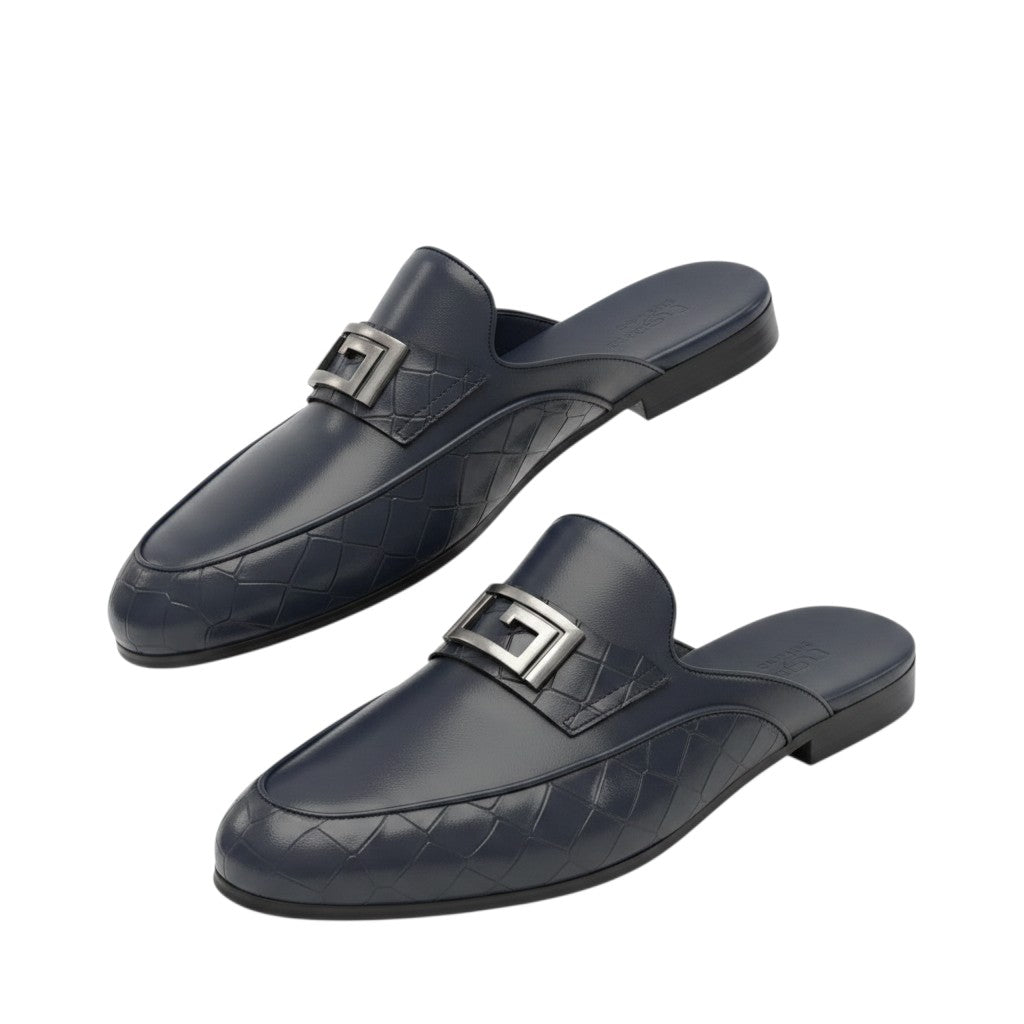 Blue -black Croc-Embossed G-Buckle Mule