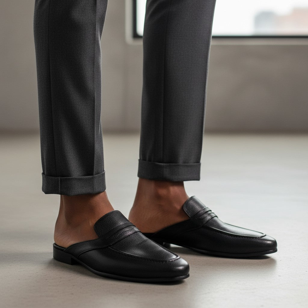 Black Pebbled Leather Penny Mule