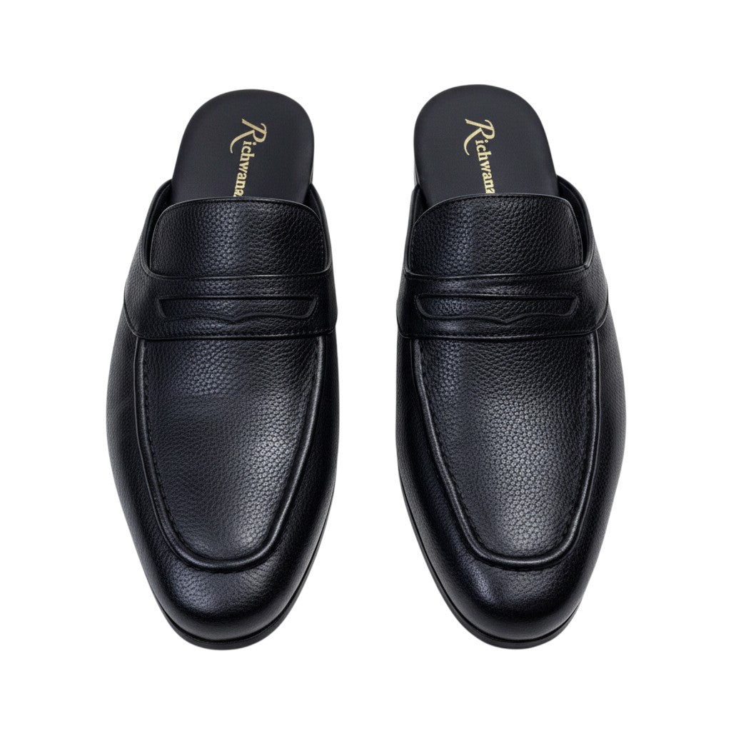 Black Pebbled Leather Penny Mule