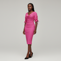 Women's Hot Pink V-Neck Ruched Sleeve Bodycon Midi Dress