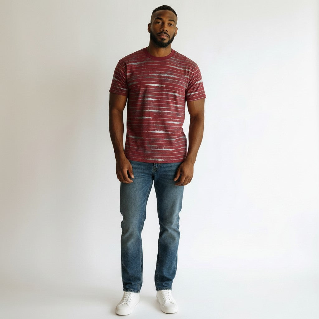 Men's Burgundy Striped Oversized Round-Neck Tee