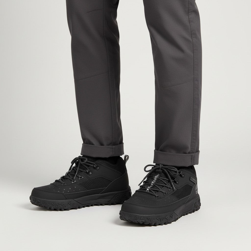 Men's All-Black Mid-Top Trail Boots with Mesh Upper and Lug Sole