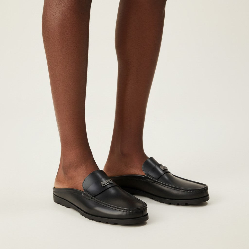 Men's Black Smooth Leather Backless Mule Loafers with Silver Badge Detail