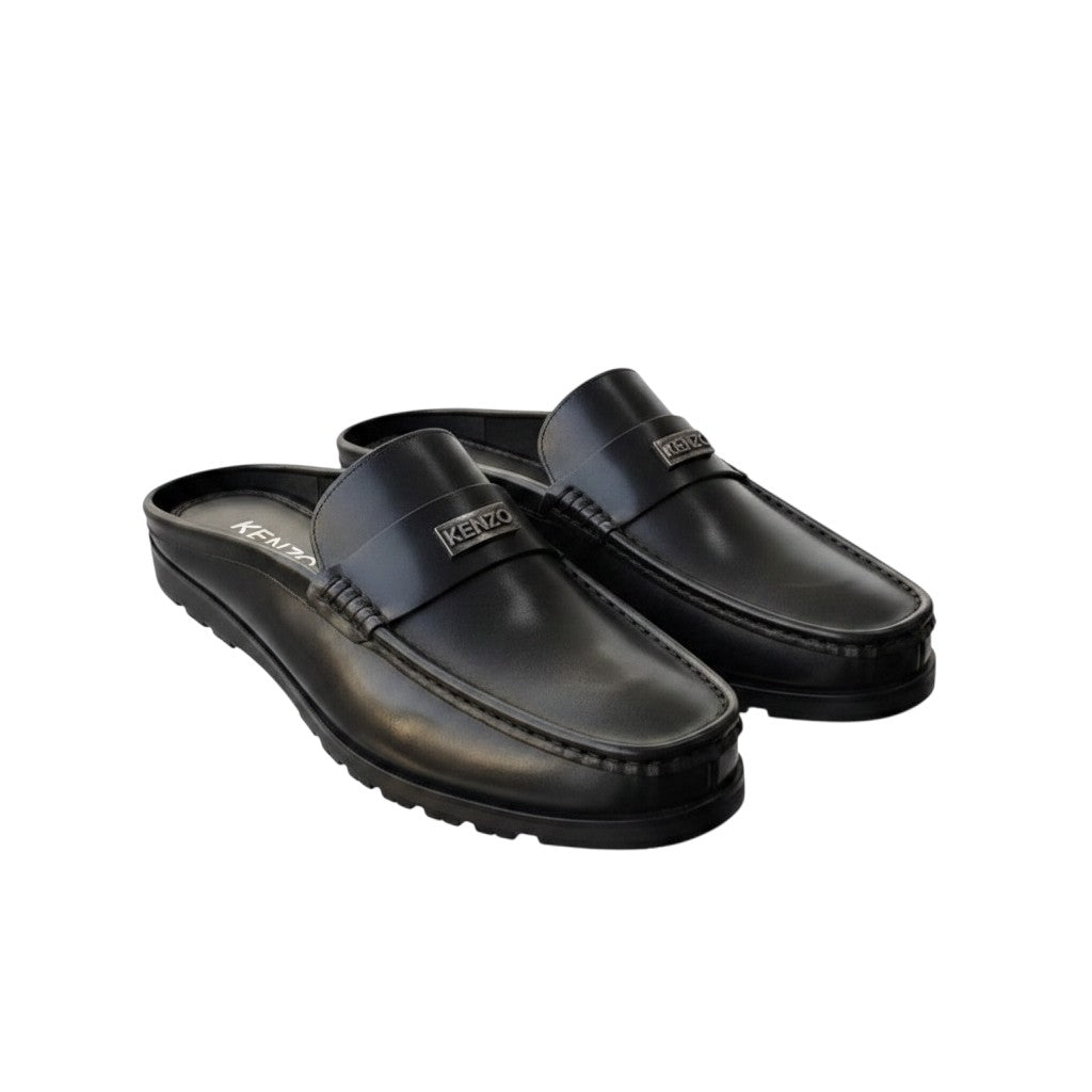Men's Black Smooth Leather Backless Mule Loafers with Silver Badge Detail