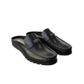 Men's Black Smooth Leather Backless Mule Loafers with Silver Badge Detail