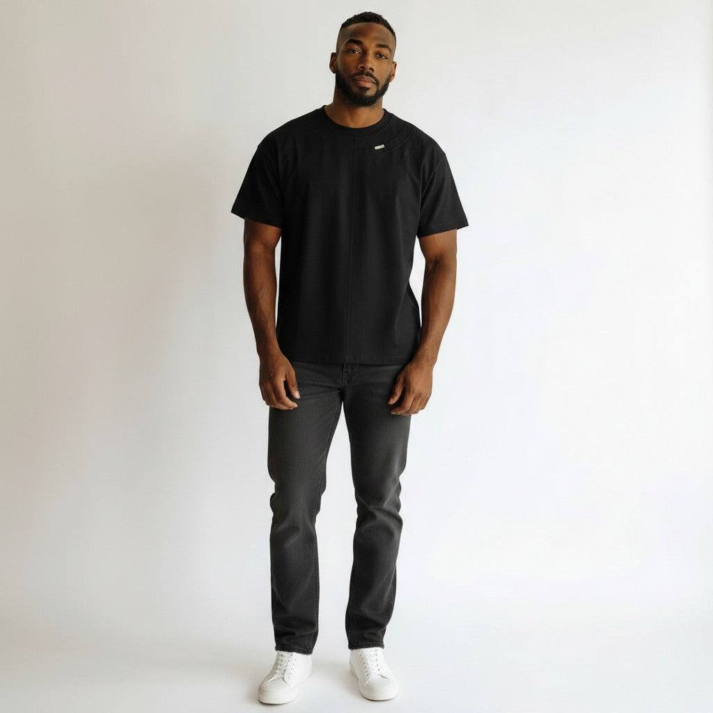 Men's All-Black Tonal Panel Stitch Oversized Round-Neck Tee