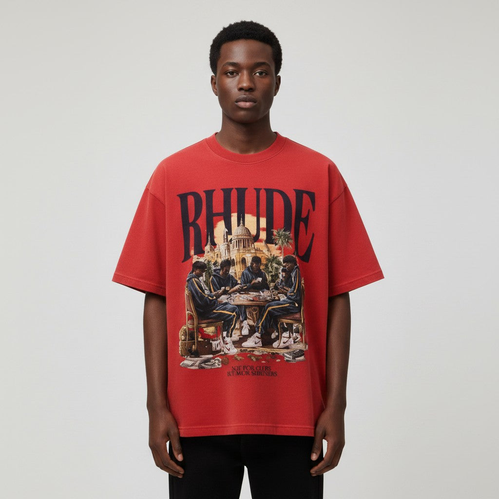 Men's Red Arch Text Street Scene Graphic Oversized Tee