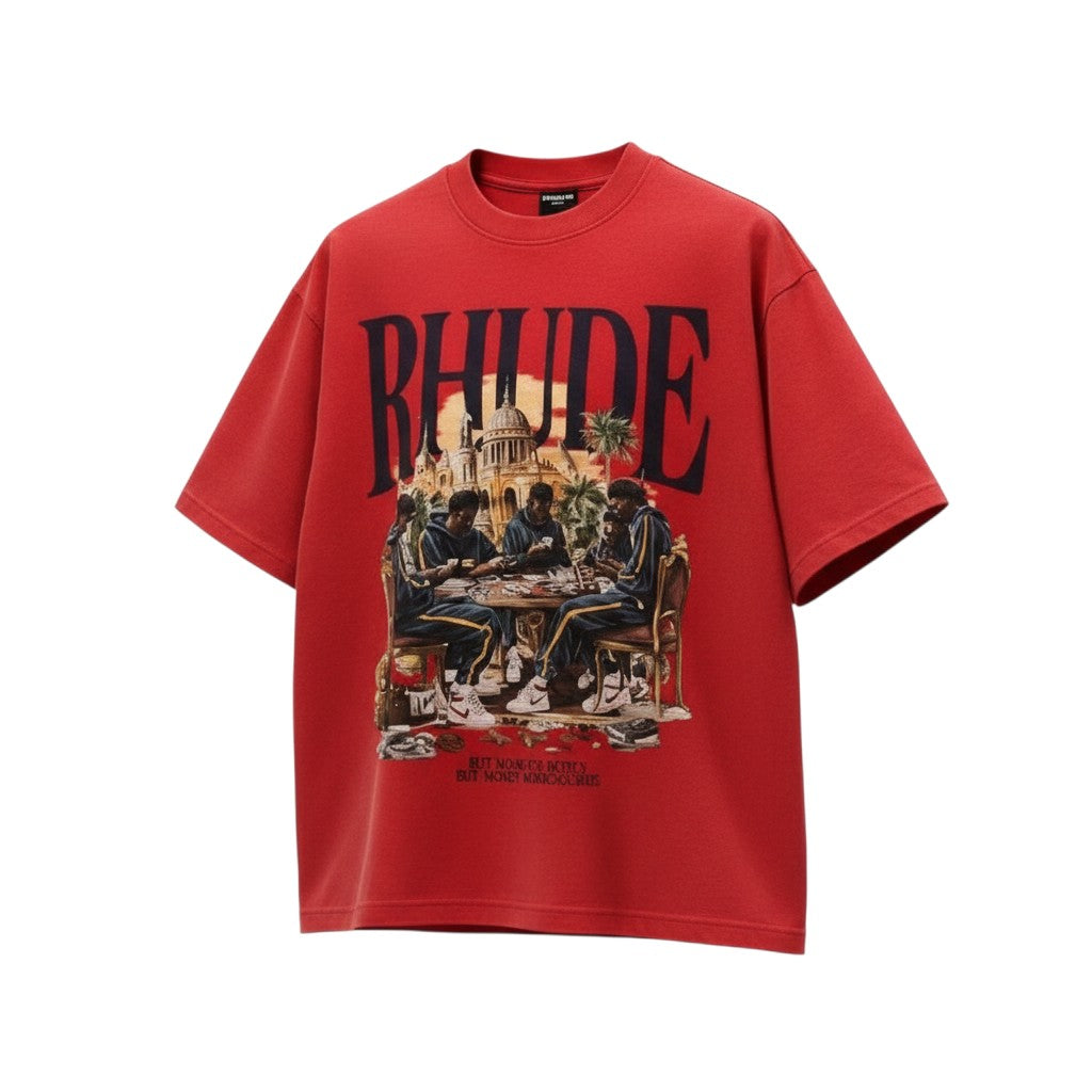 Men's Red Arch Text Street Scene Graphic Oversized Tee