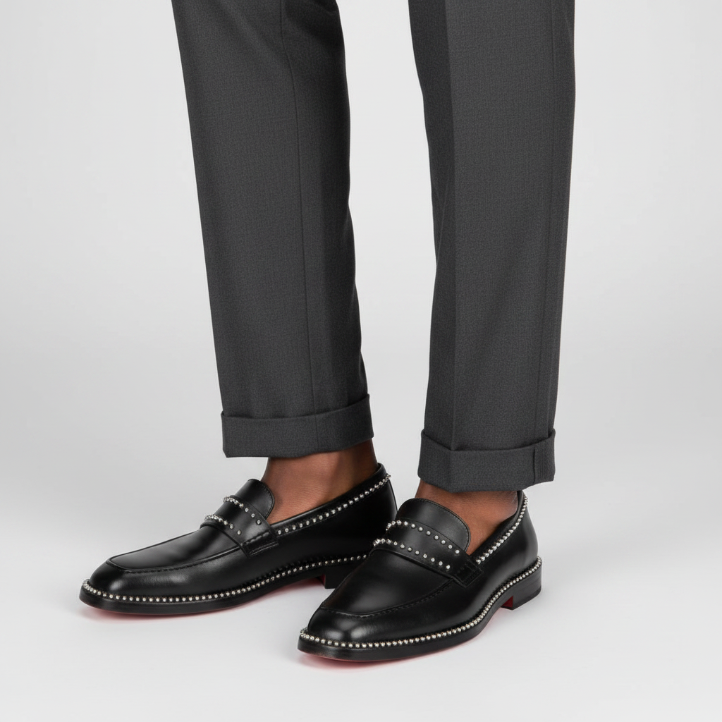 Men's Black Matte Leather Studded Loafers with Silver Spike Trim and Red Sole
