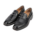 Men's Black Matte Leather Studded Loafers with Silver Spike Trim and Red Sole