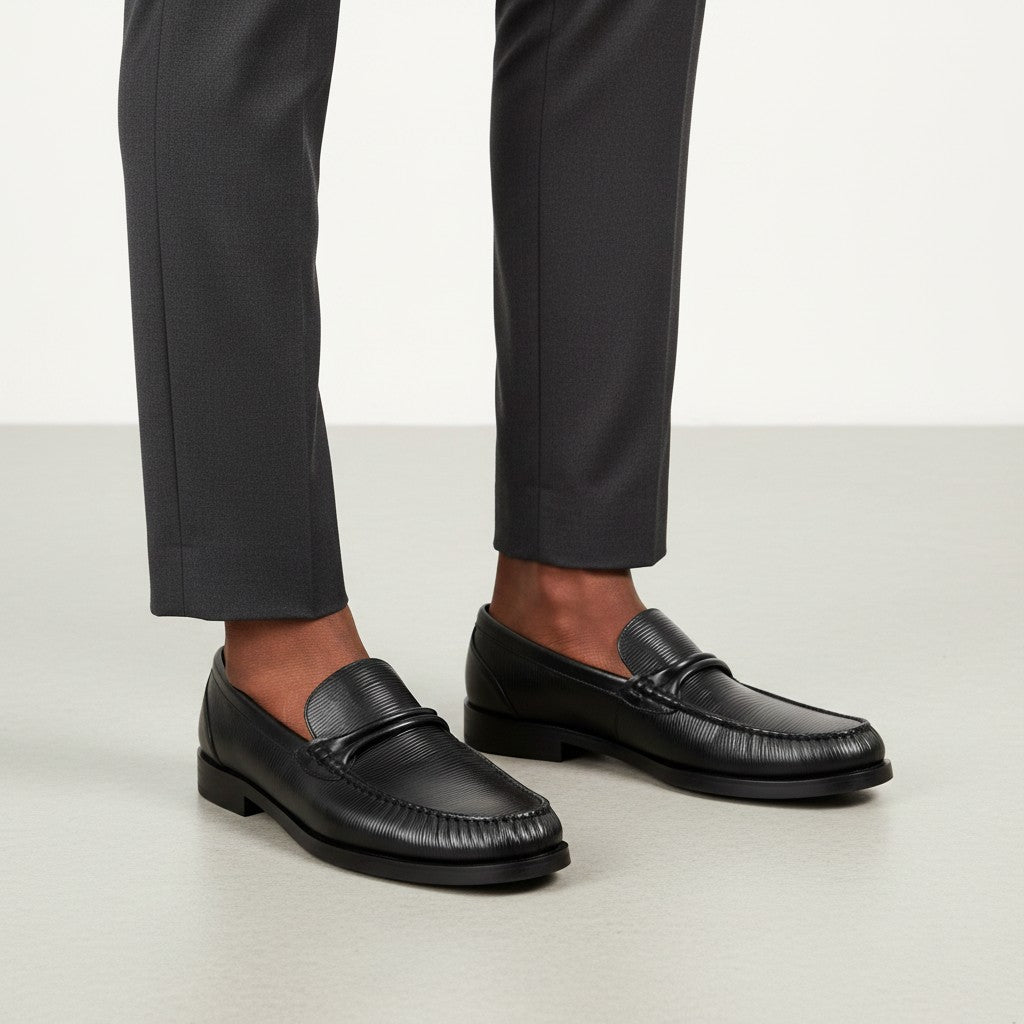 Men's Black Epi-Textured Leather Penny Loafers with Flat Sole