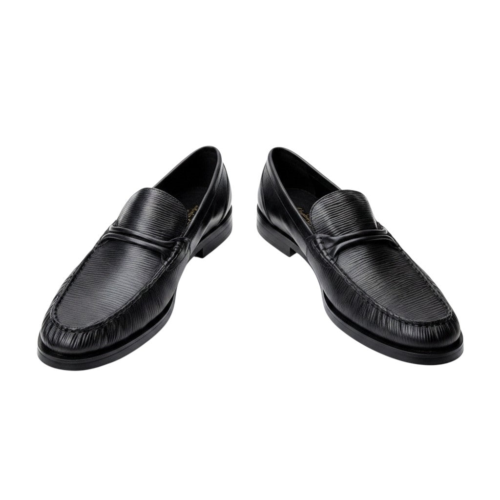 Men's Black Epi-Textured Leather Penny Loafers with Flat Sole