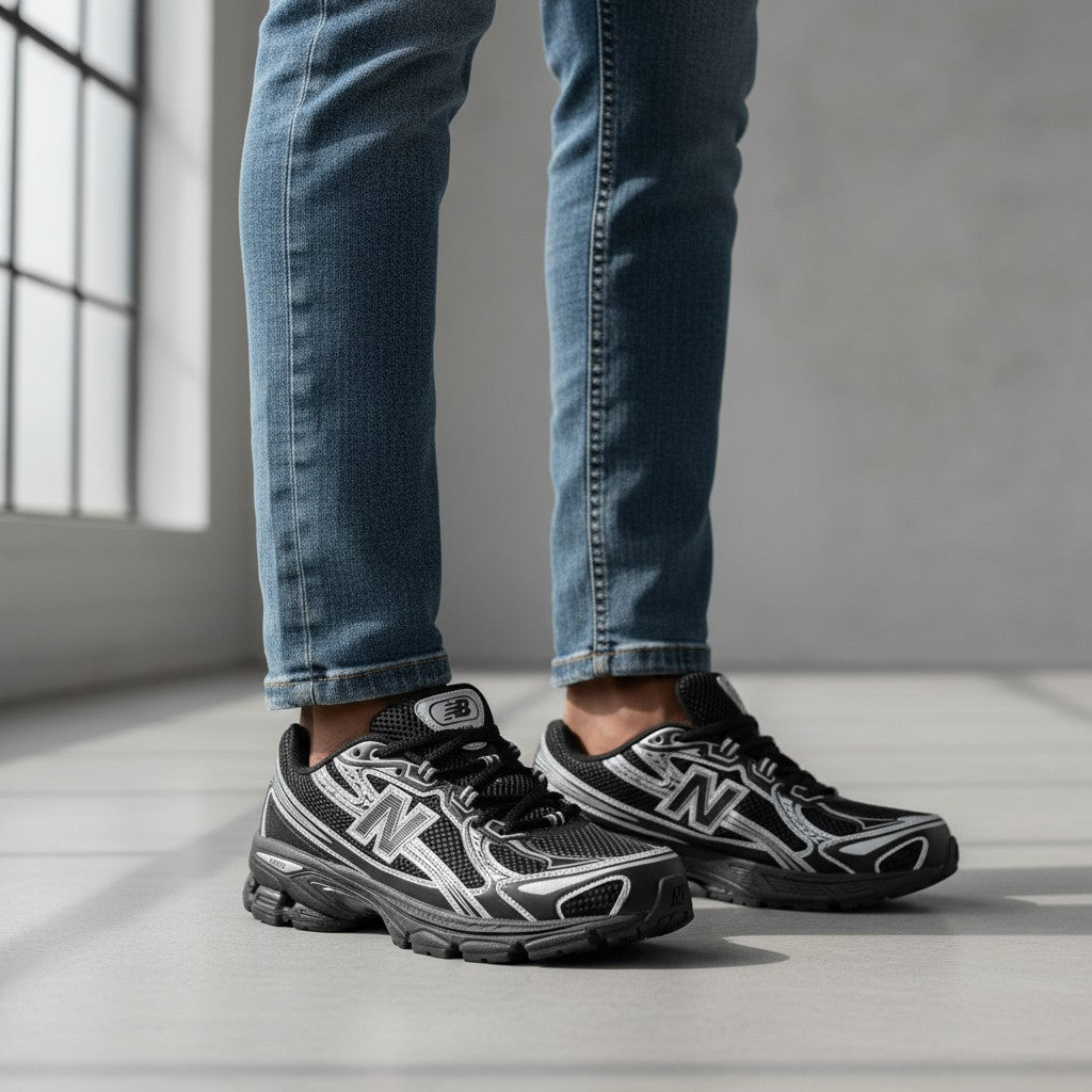 Men's Black & Silver Chunky Retro Running Sneakers