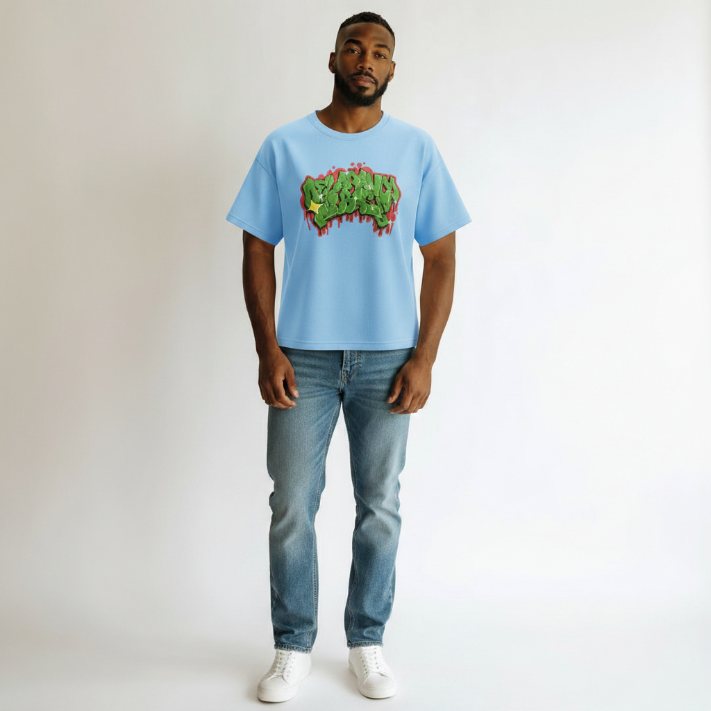 Men's Sky Blue Graffiti Print Oversized Tee