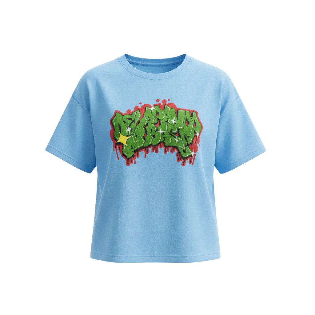 Men's Sky Blue Graffiti Print Oversized Tee
