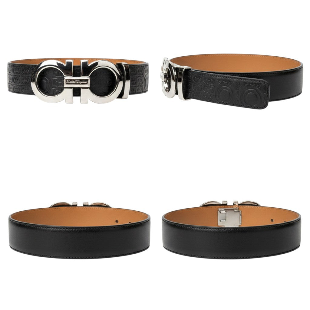 Black Embossed Monogram Silver Double-Ring Buckle Men's Belt
