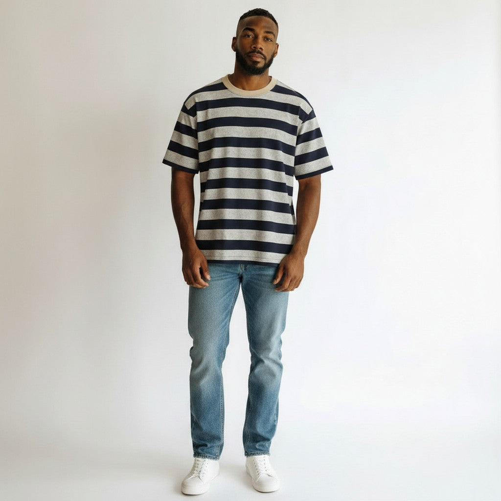 Men's Navy & Grey Distressed Stripe Oversized Round-Neck Tee